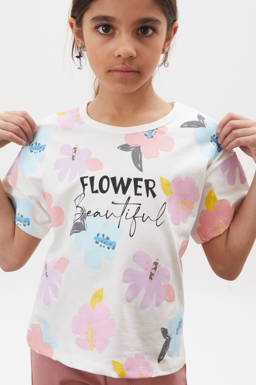 Pembe Çiçek Baskılı İspanyol Paça Fitilli Taytlı Kız Çocuk Takım 18001