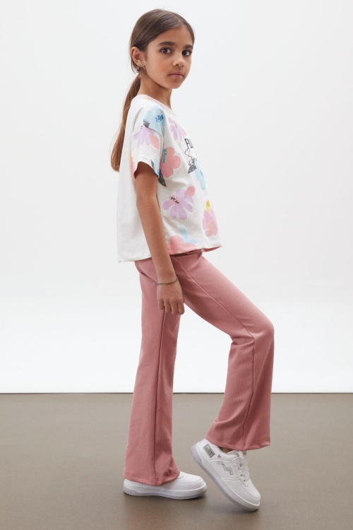 Pembe Çiçek Baskılı İspanyol Paça Fitilli Taytlı Kız Çocuk Takım 18001