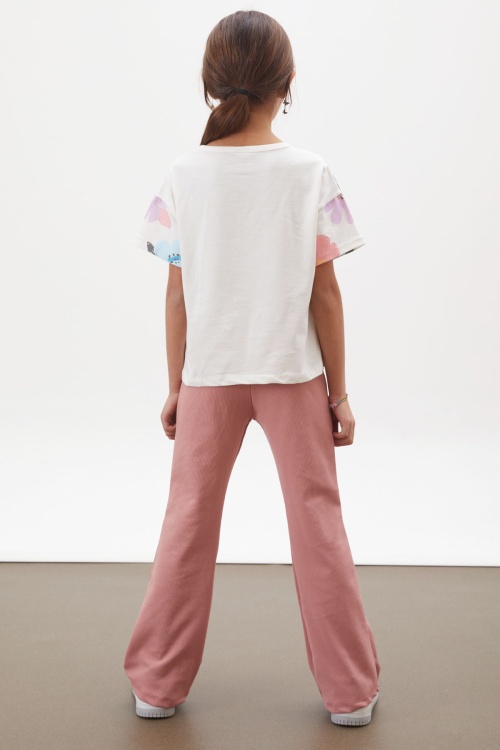 Pembe Çiçek Baskılı İspanyol Paça Fitilli Taytlı Kız Çocuk Takım 18001