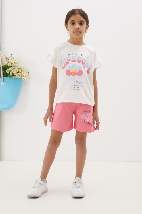 Pembe Çiçek Baskılı Yazılı Mini Şortlu Kız Çocuk Takım 18688