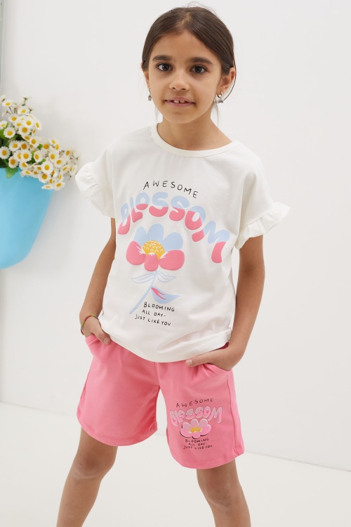 Pembe Çiçek Baskılı Yazılı Mini Şortlu Kız Çocuk Takım 18688
