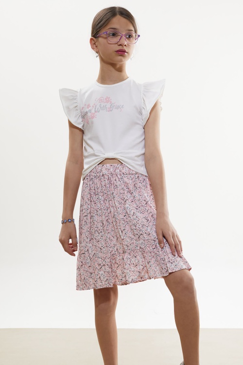 Pembe Çiçek Desenli Etekli Baskılı Tişörtlü Kız Çocuk Takım 18506