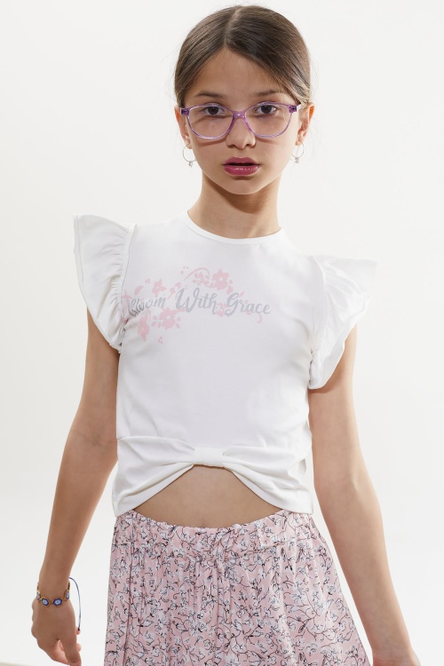 Pembe Çiçek Desenli Etekli Baskılı Tişörtlü Kız Çocuk Takım 18506