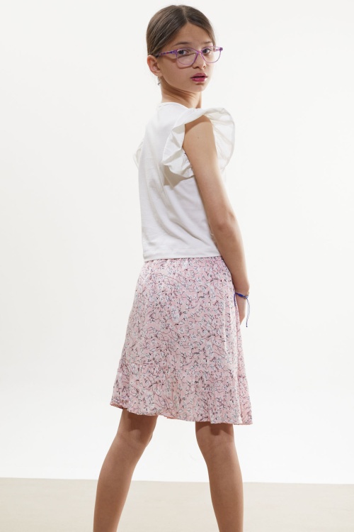 Pembe Çiçek Desenli Etekli Baskılı Tişörtlü Kız Çocuk Takım 18506