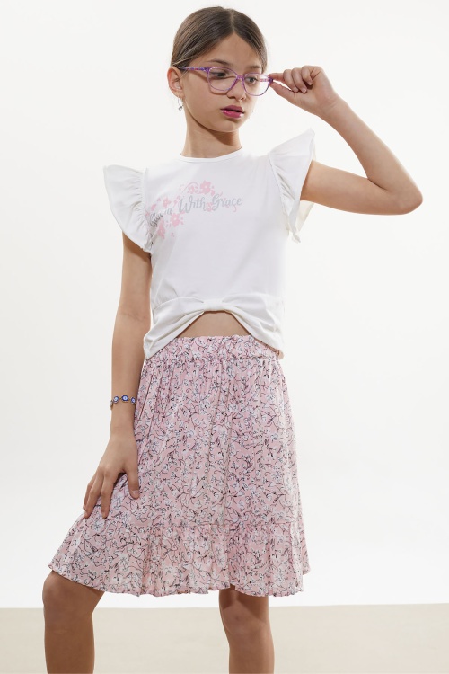 Pembe Çiçek Desenli Etekli Baskılı Tişörtlü Kız Çocuk Takım 18506