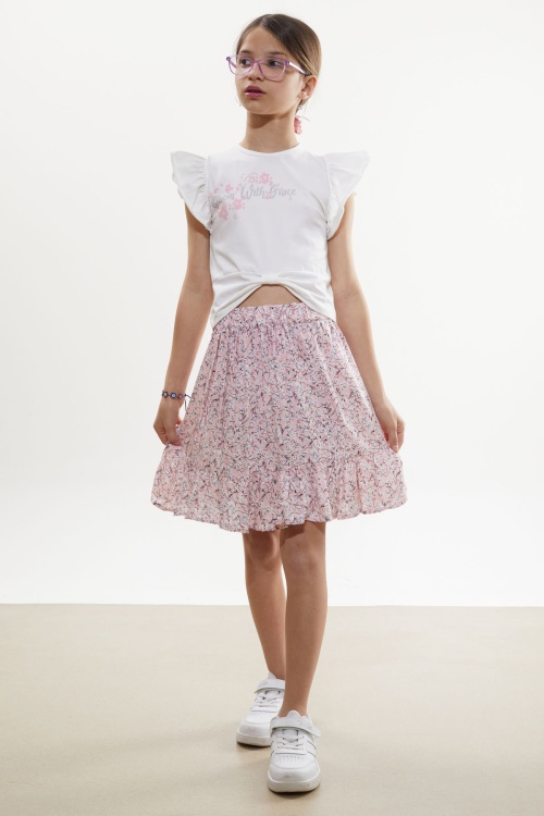 Pembe Çiçek Desenli Etekli Baskılı Tişörtlü Kız Çocuk Takım 18506