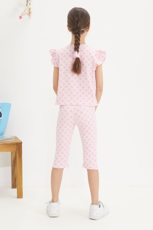 Pembe Çiçek Desenli Sıfır Kol Badili Şort Taytlı Kız Çocuk Takım 18650