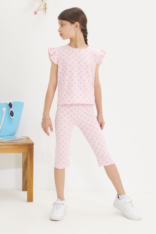 Pembe Çiçek Desenli Sıfır Kol Badili Şort Taytlı Kız Çocuk Takım 18650