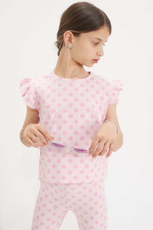 Pembe Çiçek Desenli Sıfır Kol Badili Şort Taytlı Kız Çocuk Takım 18650