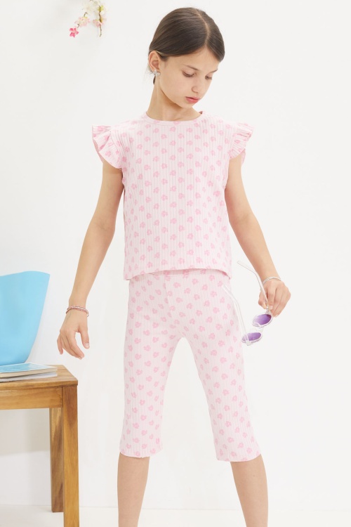 Pembe Çiçek Desenli Sıfır Kol Badili Şort Taytlı Kız Çocuk Takım 18650