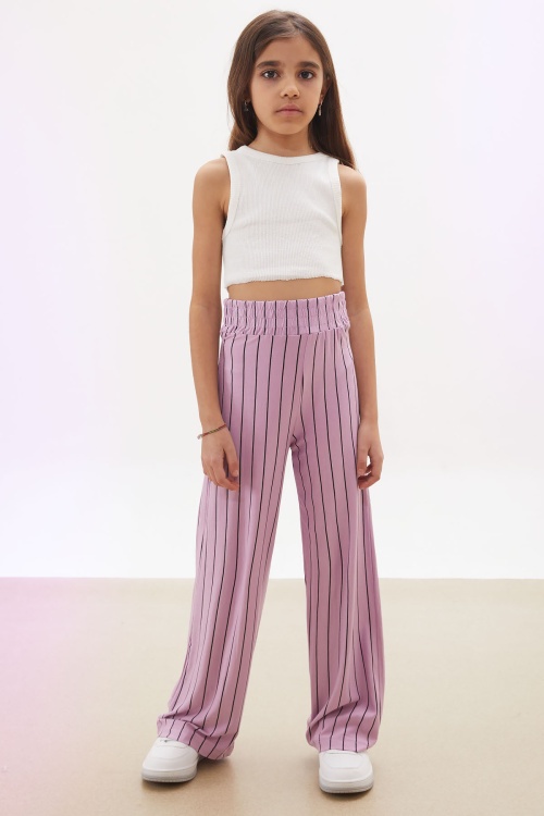 Pembe Çizgi Desenli Kuşaklı Geniş Paça Kız Çocuk Pantolon 18096