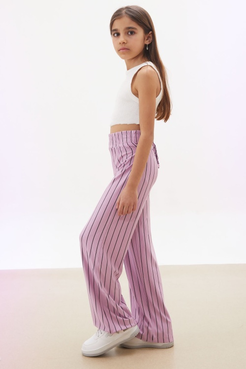 Pembe Çizgi Desenli Kuşaklı Geniş Paça Kız Çocuk Pantolon 18096