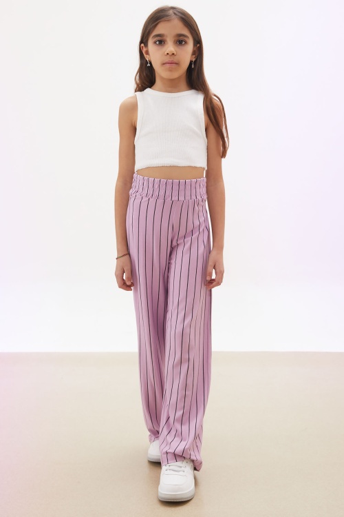 Pembe Çizgi Desenli Kuşaklı Geniş Paça Kız Çocuk Pantolon 18096