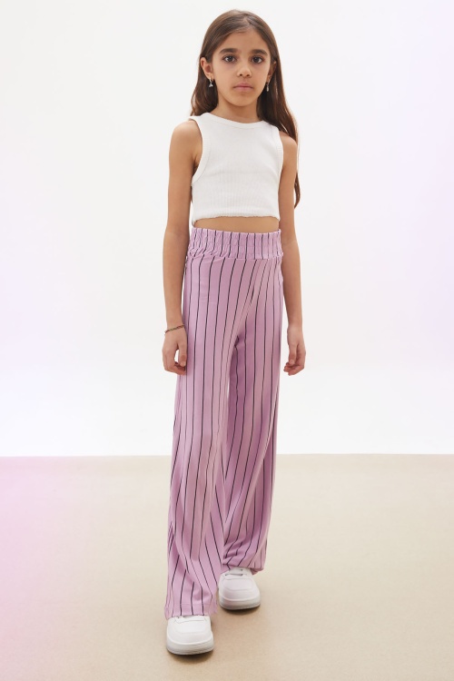 Pembe Çizgi Desenli Kuşaklı Geniş Paça Kız Çocuk Pantolon 18096