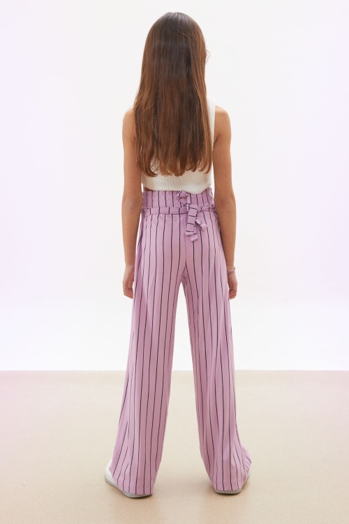 Pembe Çizgi Desenli Kuşaklı Geniş Paça Kız Çocuk Pantolon 18096