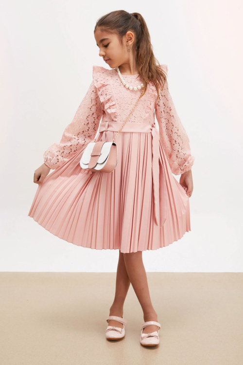 Pembe Dantel Tüllü Kemerli Kız Çocuk Kolye ve Çantalı Elbise 18071