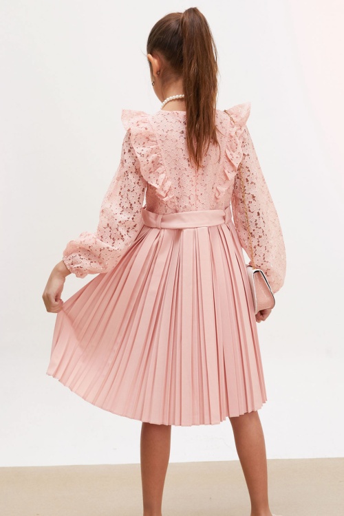 Pembe Dantel Tüllü Kemerli Kız Çocuk Kolye ve Çantalı Elbise 18071