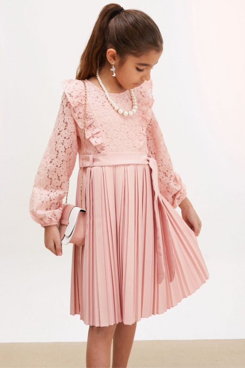 Pembe Dantel Tüllü Kemerli Kız Çocuk Kolye ve Çantalı Elbise 18071