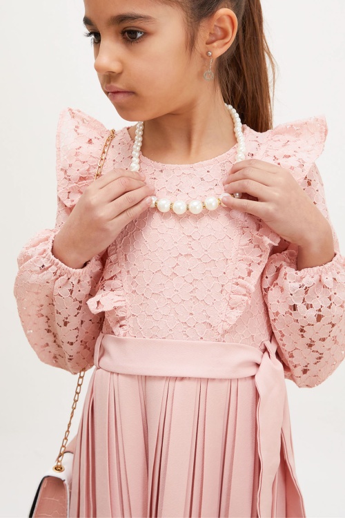 Pembe Dantel Tüllü Kemerli Kız Çocuk Kolye ve Çantalı Elbise 18071