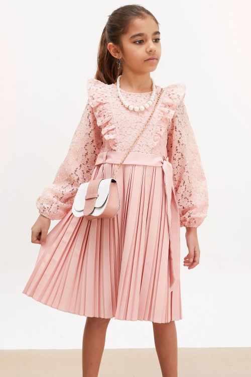 Pembe Dantel Tüllü Kemerli Kız Çocuk Kolye ve Çantalı Elbise 18071
