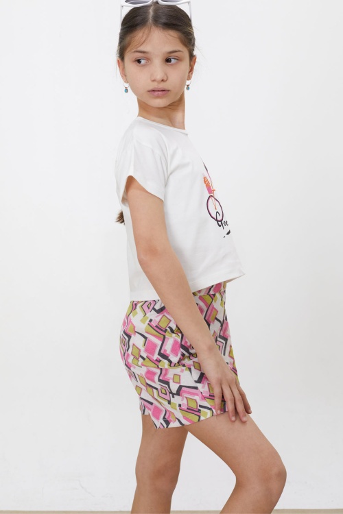 Pembe Desenli Şort Etekli Tişörtlü Kız Çocuk Takım 18474