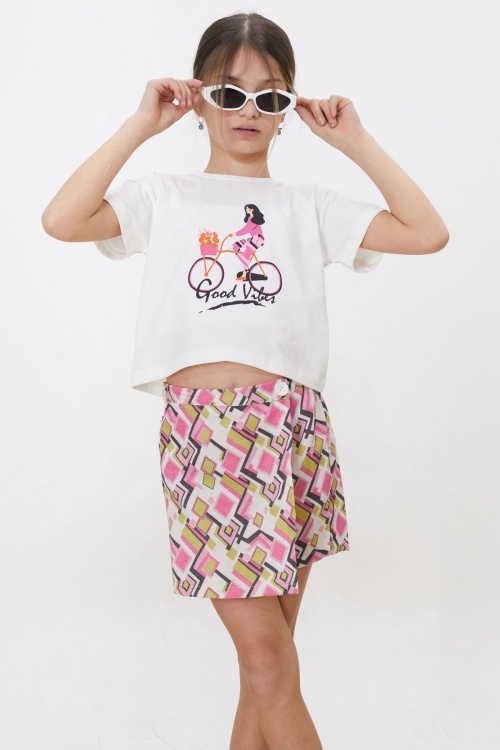 Pembe Desenli Şort Etekli Tişörtlü Kız Çocuk Takım 18474