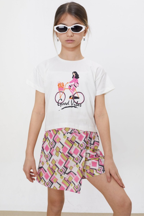 Pembe Desenli Şort Etekli Tişörtlü Kız Çocuk Takım 18474