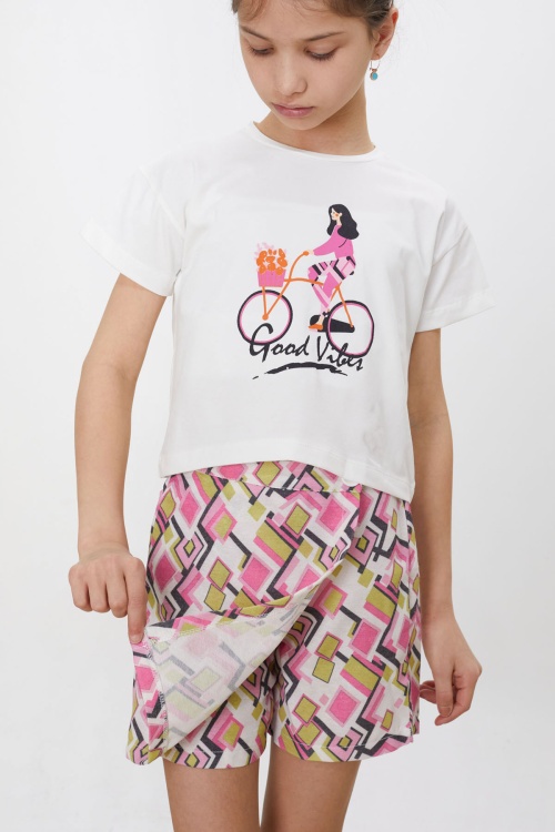 Pembe Desenli Şort Etekli Tişörtlü Kız Çocuk Takım 18474