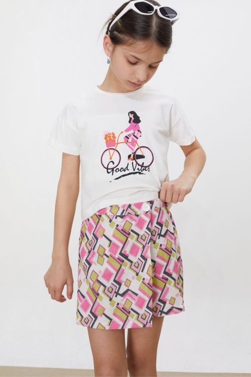 Pembe Desenli Şort Etekli Tişörtlü Kız Çocuk Takım 18474