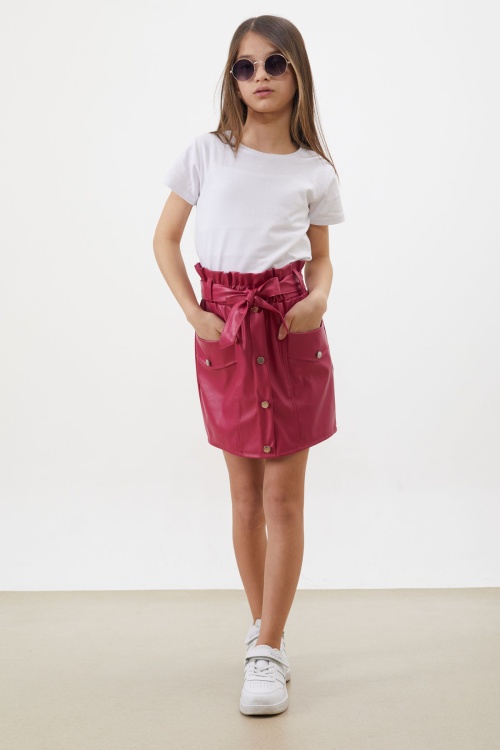 Pembe Düğme Detaylı Kuşaklı Kız Çocuk Deri Etek 18449