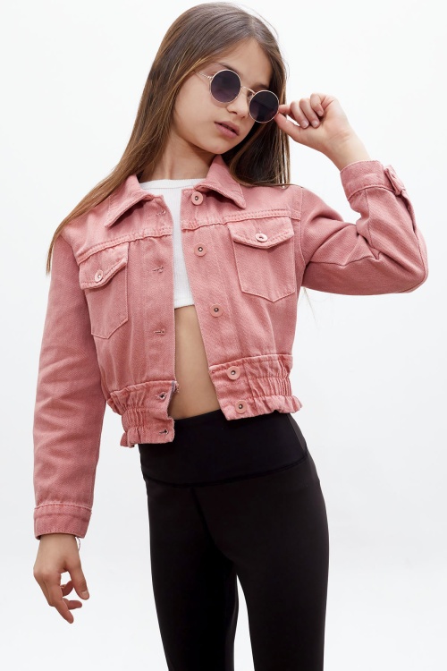 Pembe Düğmeli Beli Büzgülü Kız Çocuk Jean Ceket 18316
