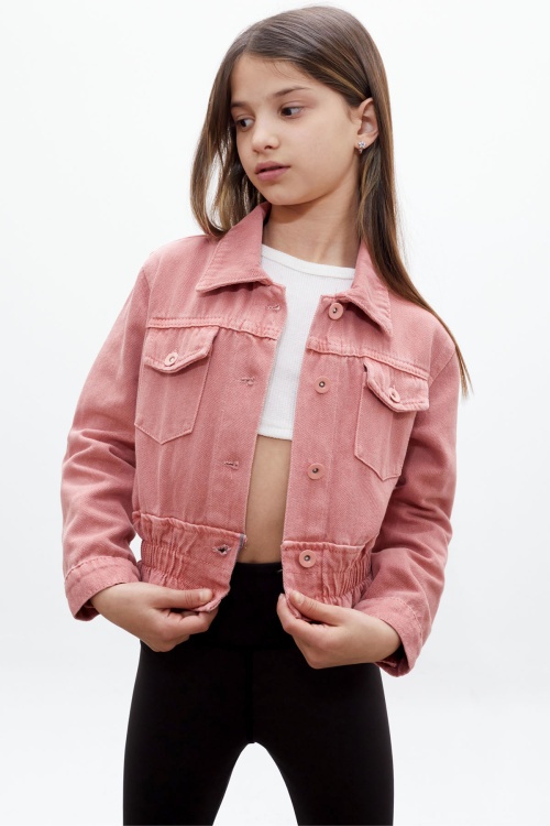 Pembe Düğmeli Beli Büzgülü Kız Çocuk Jean Ceket 18316
