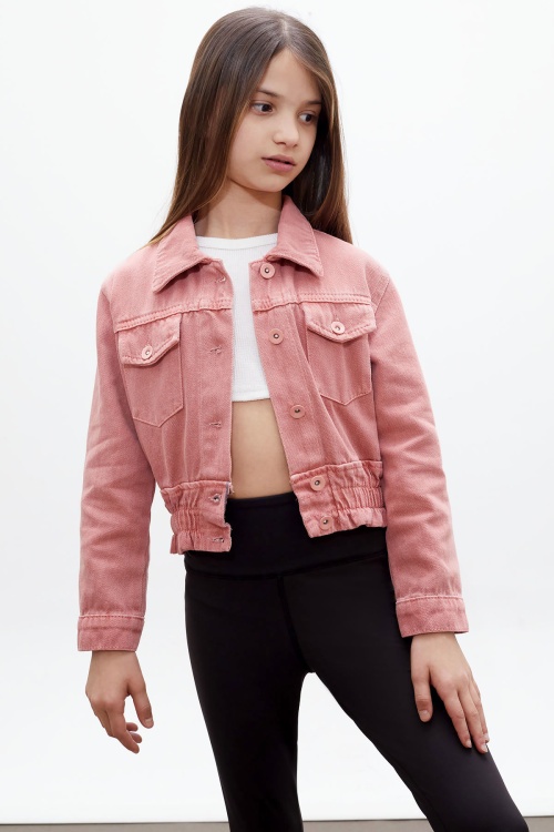Pembe Düğmeli Beli Büzgülü Kız Çocuk Jean Ceket 18316