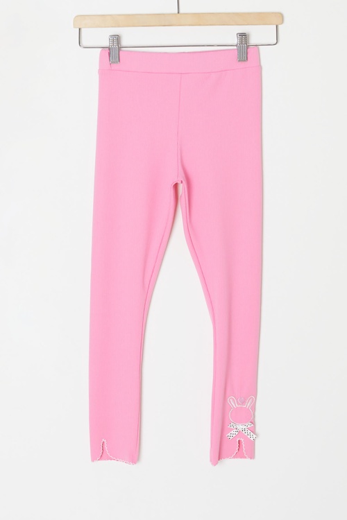 Pembe Fiyonklu Tavşan Nakışlı Fitilli Kız Çocuk Yırtmaçlı Tayt 18151