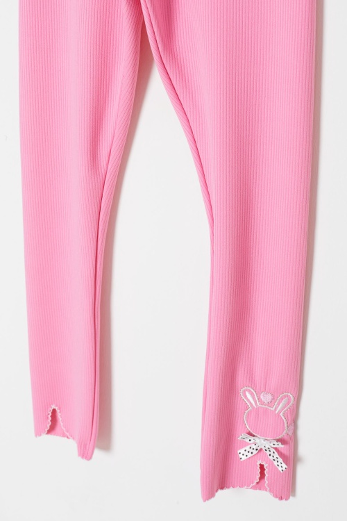 Pembe Fiyonklu Tavşan Nakışlı Fitilli Kız Çocuk Yırtmaçlı Tayt 18151