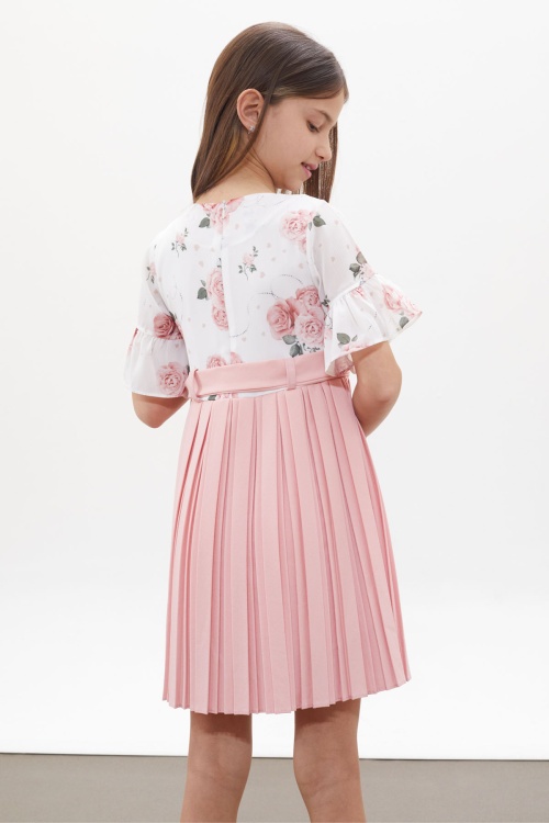 Pembe Gül Desenli Kısa Kollu Çantalı Kız Çocuk Pileli Elbise 18258