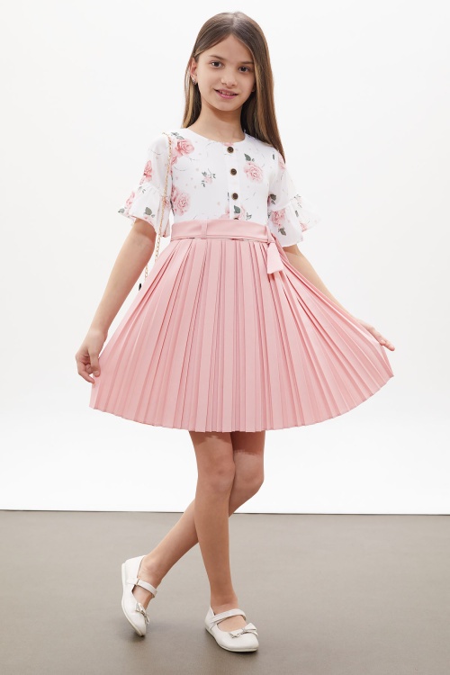 Pembe Gül Desenli Kısa Kollu Çantalı Kız Çocuk Pileli Elbise 18258