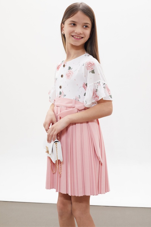 Pembe Gül Desenli Kısa Kollu Çantalı Kız Çocuk Pileli Elbise 18258