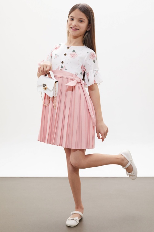 Pembe Gül Desenli Kısa Kollu Çantalı Kız Çocuk Pileli Elbise 18258