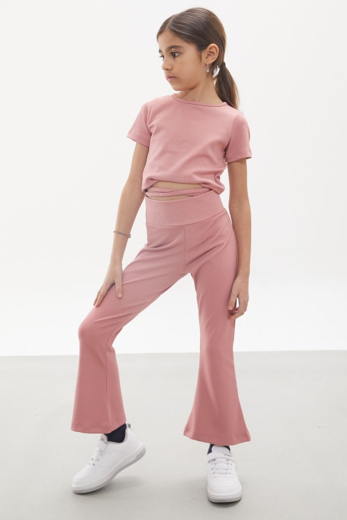 Pembe İspanyol Paça Taytlı Bel Bağlamalı Croplu Kız Takım 18110