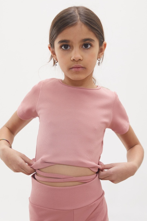 Pembe İspanyol Paça Taytlı Bel Bağlamalı Croplu Kız Takım 18110