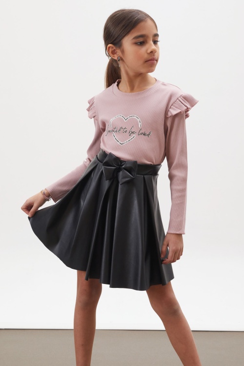 Pembe Kalp Baskılı Payetli Badili Kız Çocuk Deri Etekli Takım 18025