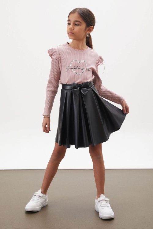 Pembe Kalp Baskılı Payetli Badili Kız Çocuk Deri Etekli Takım 18025