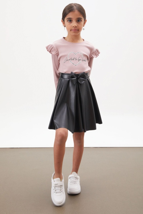 Pembe Kalp Baskılı Payetli Badili Kız Çocuk Deri Etekli Takım 18025