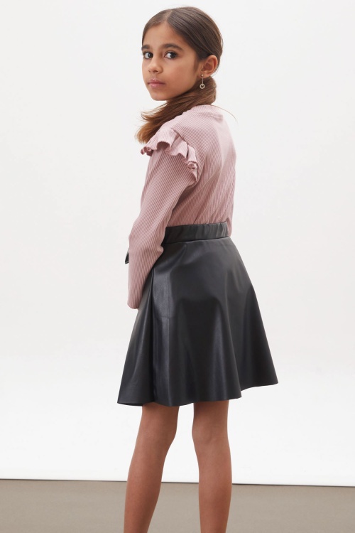 Pembe Kalp Baskılı Payetli Badili Kız Çocuk Deri Etekli Takım 18025