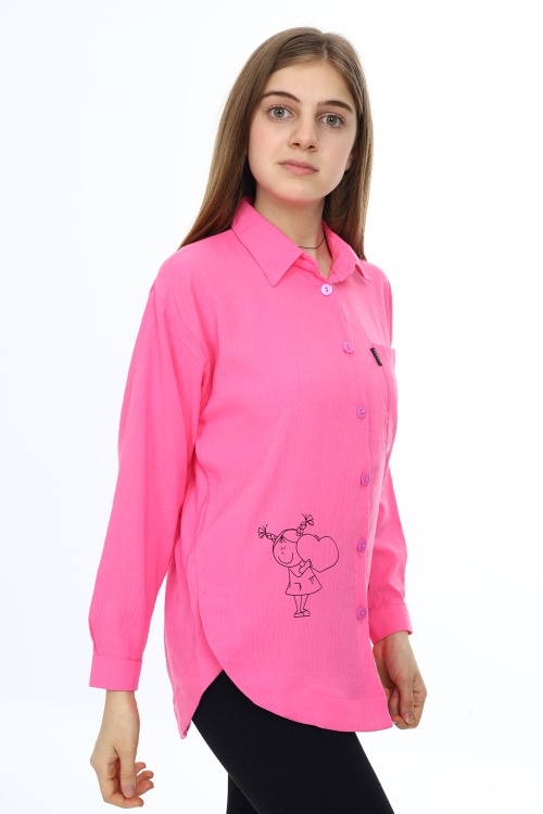 Pembe Kalp Baskılı Yırtmaç Detaylı Kız Çocuk Düğmeli Gömlek 18429