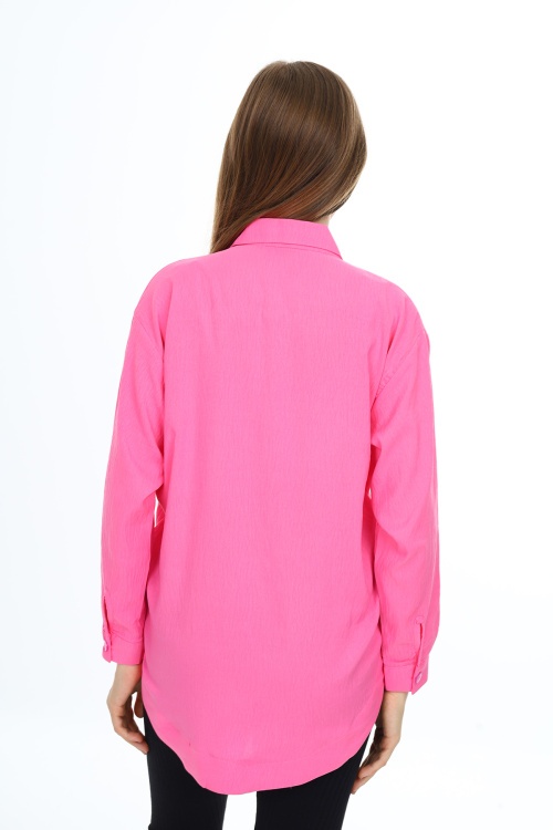 Pembe Kalp Baskılı Yırtmaç Detaylı Kız Çocuk Düğmeli Gömlek 18429