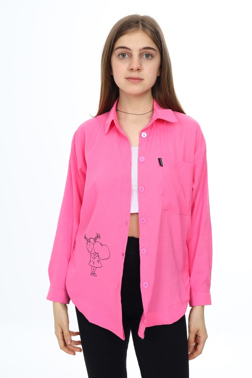 Pembe Kalp Baskılı Yırtmaç Detaylı Kız Çocuk Düğmeli Gömlek 18429