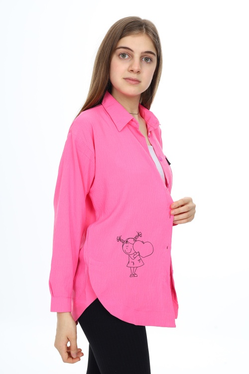 Pembe Kalp Baskılı Yırtmaç Detaylı Kız Çocuk Düğmeli Gömlek 18429