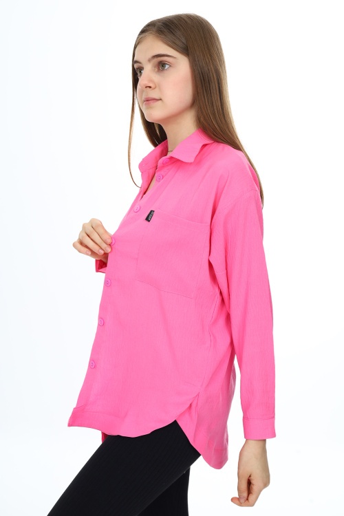 Pembe Kalp Baskılı Yırtmaç Detaylı Kız Çocuk Düğmeli Gömlek 18429